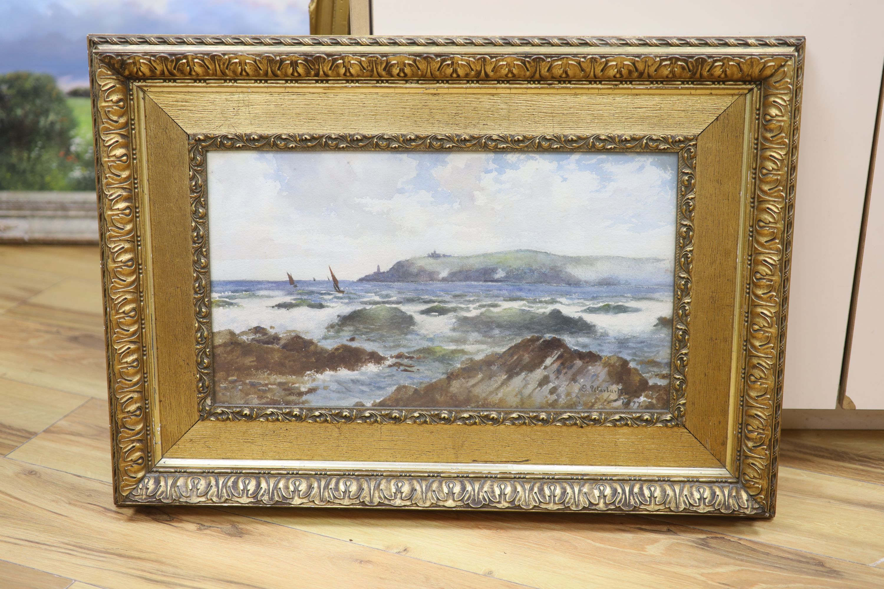 E. Warburton, watercolour, Coastal landscape, signed and dated 1897, 26 x 46cm